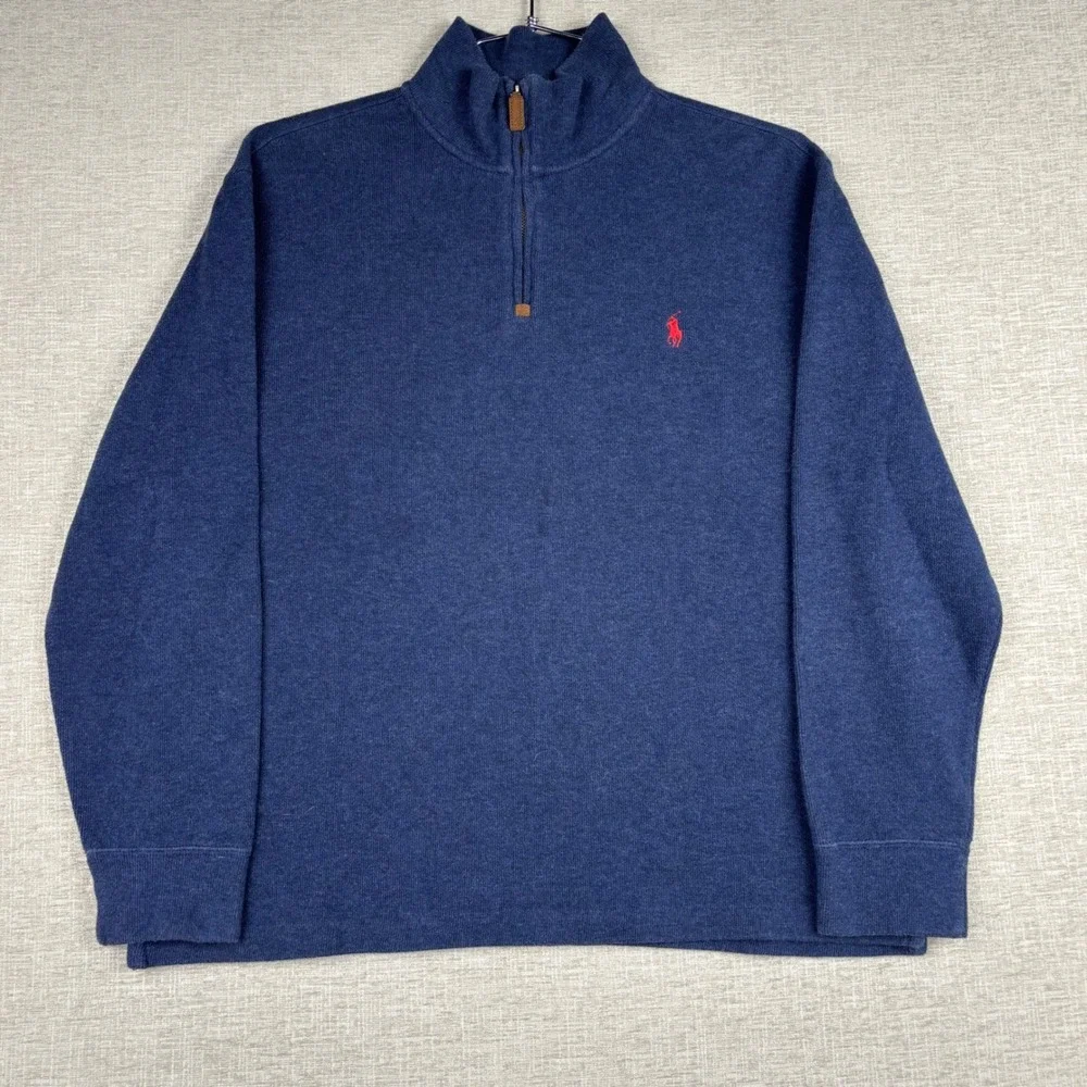 Polo Ralph Lauren Mens Blue Heather Quarter Zip Pullover Sweater Large Red Pony